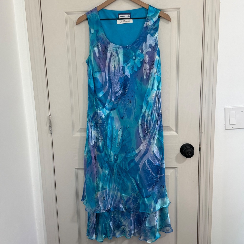 Vintage La Bottega Midi Dress Womens XL Blue Floral Watercolor Tiered Silk Fairy